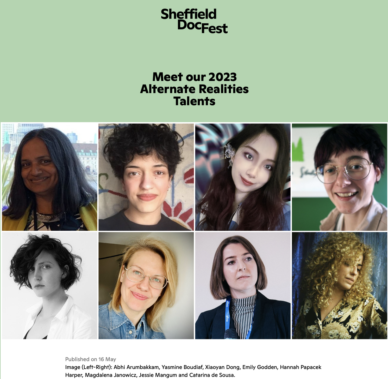 Alternate Reality Talents Sheffield Doc Fest with headshots of eight selected artists. 